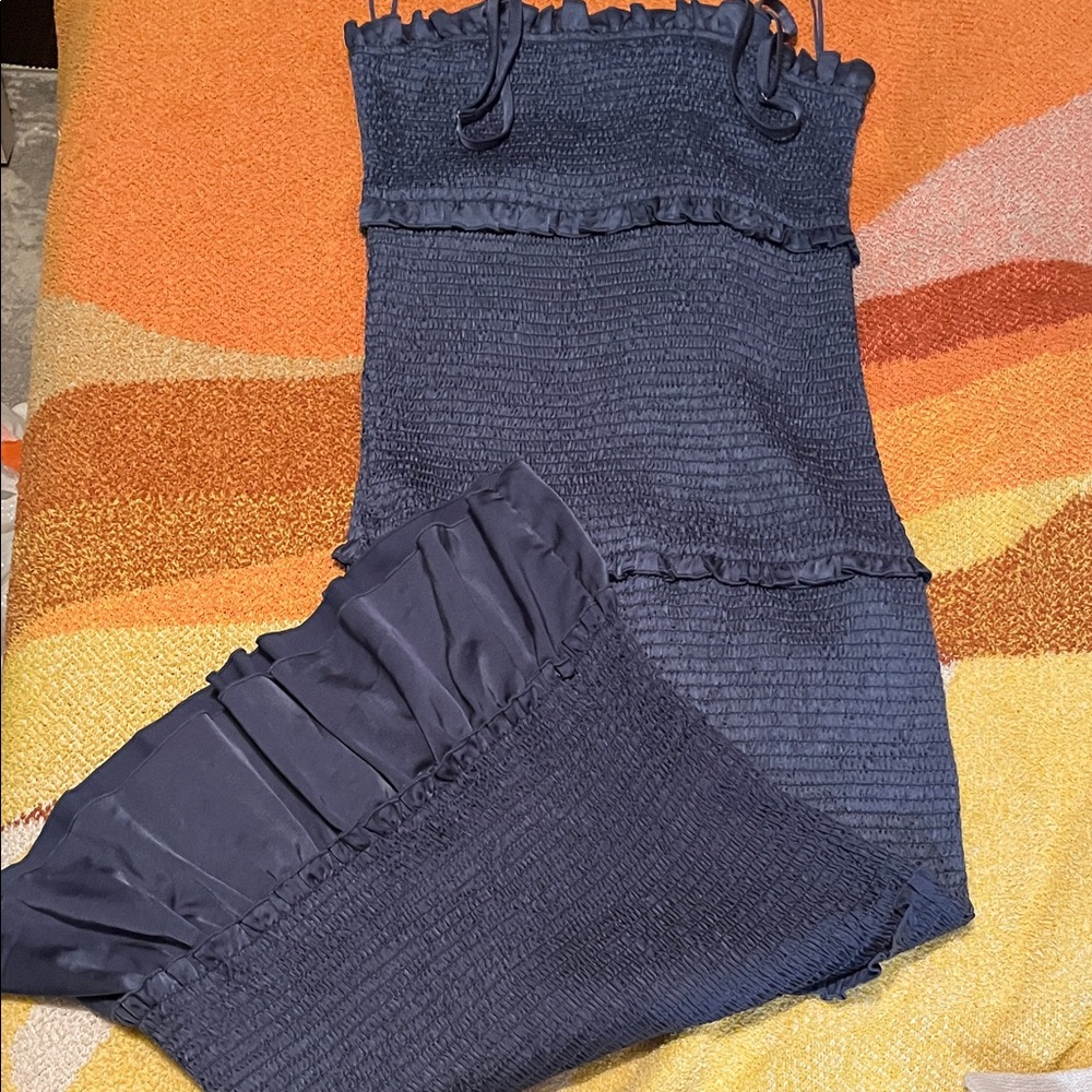 Smocked Navy Blue Maxi Dress with Ruffle Trim